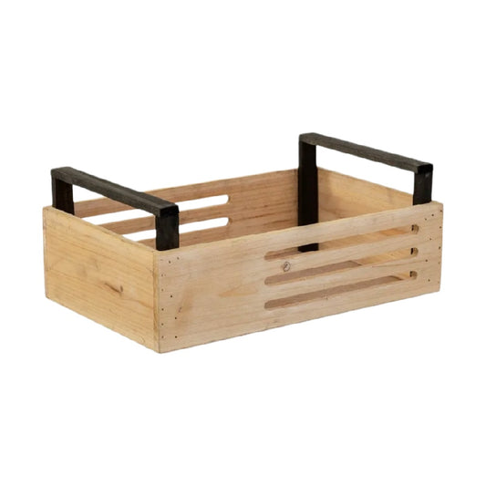 Panier de rangement en bois avec poignées en métal pour organisation à la maison - 30 x 20 x 15